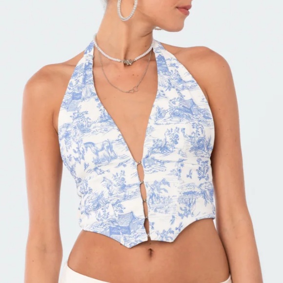 Edikted Tops - Edikted blue and white porcelain patterned corset top